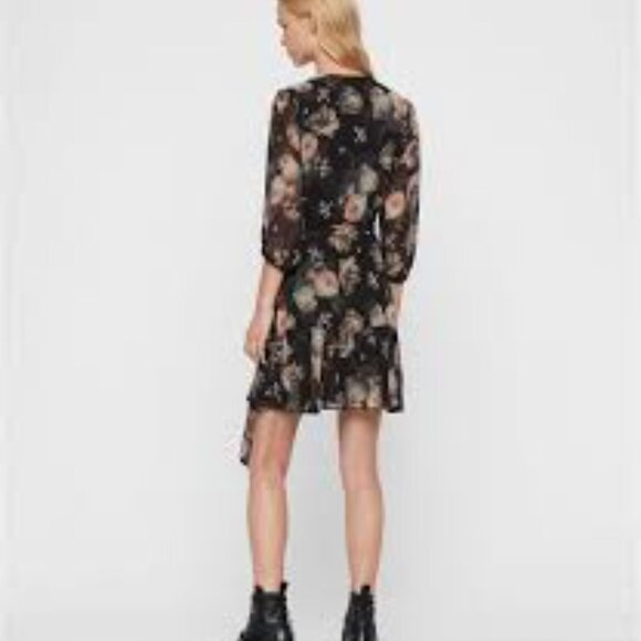 All Saints Jade Eden Dress - Mini Dark Floral Wrap Dress - Size Medium - Picture 6 of 12